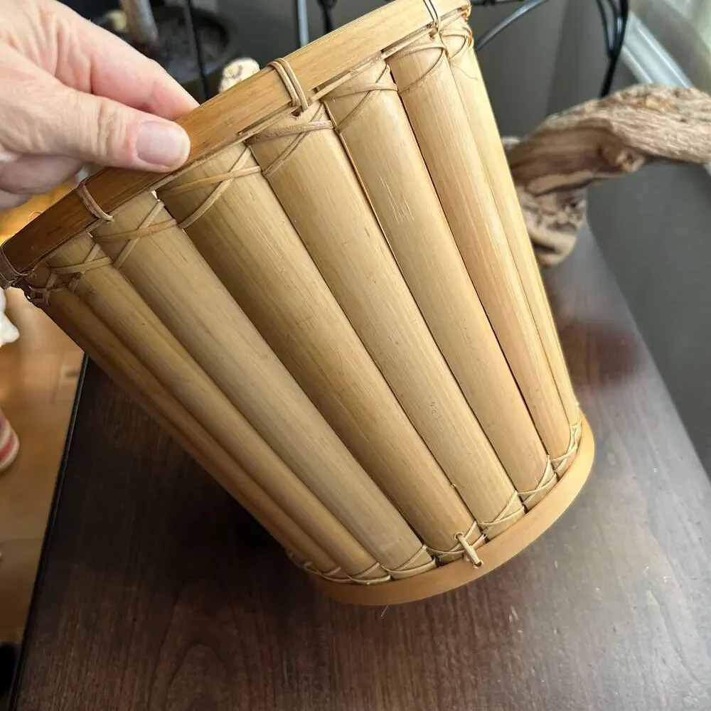 Vintage split reed Rattan and Bamboo planter waste basket trashcan